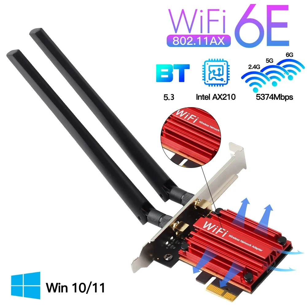 WiFi 6E 5400Mbps PCIe Wifi Adapter AX210 Wireless Network Card AXE3000 BT5.3 2.4/5/6GHz 5374Mbps MU-MIMO 802.11ax  Win 10/11