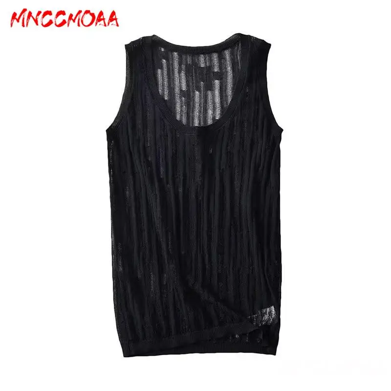 MNCCMOAA-Women's Loose Hollow Knitted Sweater Vest Female Casual Round Neck Sleeveless Pullover Tops Spring Summer Fashion 2024