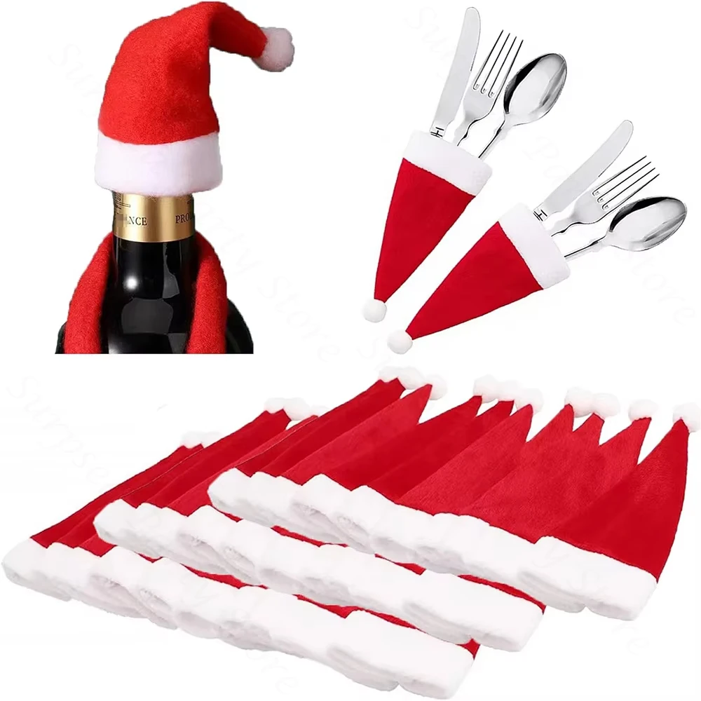 10/20/30Pcs Mini Weihnachten Santa Hüte Wein Flaschen Abdeckung Decor Xmas Party Abendessen Gabel Messer Tisch geschirr Dekoration Lieferungen