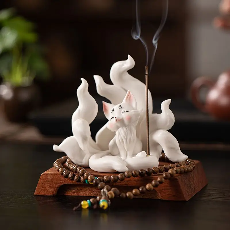 Ceramic fox tea pet ornament Chinese Zen tea table ornament Lucky nine-tailed fox incense insert ornament