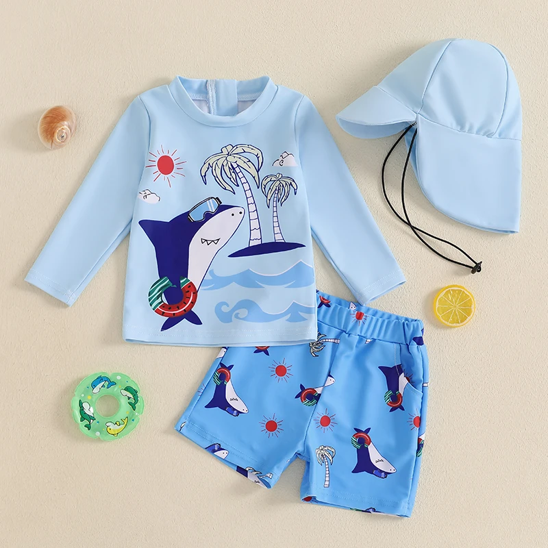 Kid Baby Boys Rash Guard Swimsuit Set Sun Pattern Long Sleeve Round Neck Tops with Shark Shorts and Swim Hat