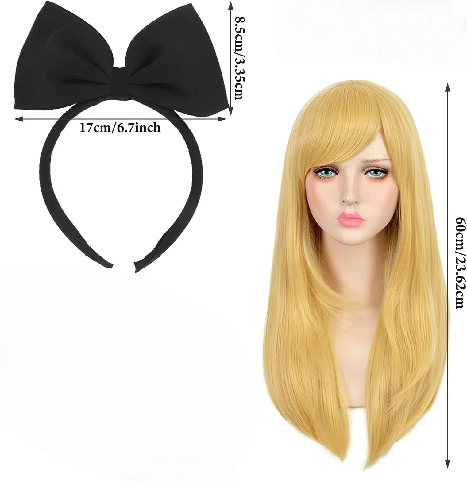 شعر مستعار للعب الأدوار بالفيلم/التلفزيون، شعر مستعار اصطناعي مستقيم متوسط الطول أشقر مع عصابة رأس على شكل فيونكة سوداء، شعر مستعار يومي جميل #6