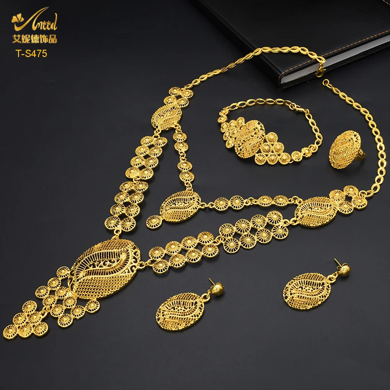 Luxury Ethiopian 24K Gold Color Long Necklace Jewelry Set Party Bridal Wedding Nigerian Dubai Jewellery Wholesale Gifts