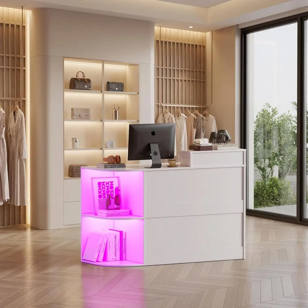 Reception Desk with LED Lighting and Storage Shelves, Front Desk with Secure Drawers and Adjustable Keyboard Tray, Counter Table
