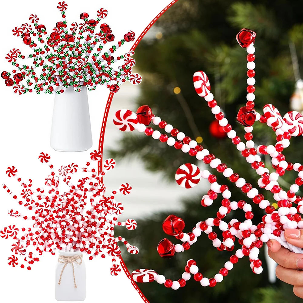 Christmas Tree Decoration Red/White Candy Bells Beads Curly Pick Branch Xmas Ornaments Garland Vase Decor Home Office Party Gift