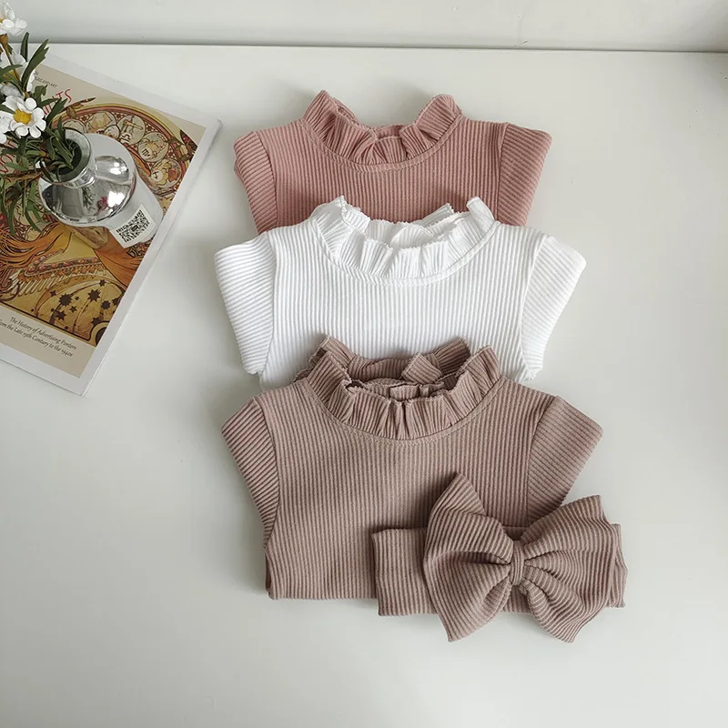 Toddler Baby Girls Romper Set Soft Cotton Ribbed Flared Sleeve Jumpsuit + Headband Outfit Sweet Newborn Infant Clothing Set