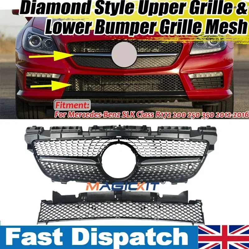 

Front Inlet Grille Racing Hood Mesh Upper + Lower Bumper Grill Grid For Mercedes R172 Benz SLK 2011-15 Diamond GT Style