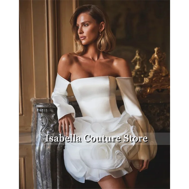 Customized Bohemian Boat Collar Satin Solid Beaded Floral Wedding Dress Short Mini Backless Wedding Gown Long Sleeve