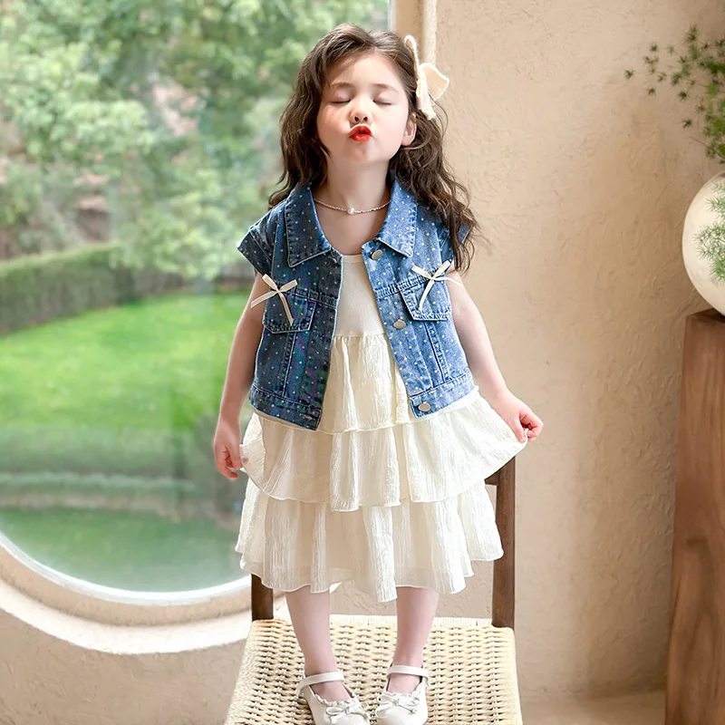 

Girls Denim Vest Suspender Skirt Set 2026 Summer New Two-piece Set