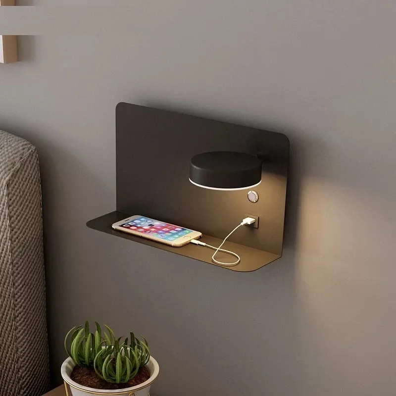 LED Wall Light with Shelf Modern Simple Wall Lamps with Switch USB Charging Background Decor Sconce Lamp