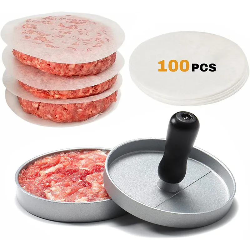 Burger Presi Yapışmaz Hamburger Patty Maker Balmumu Kağıt ile Alüminyum Burger Makinesi Mutfak BARBEKÜ Izgara Hamburger Kalıp