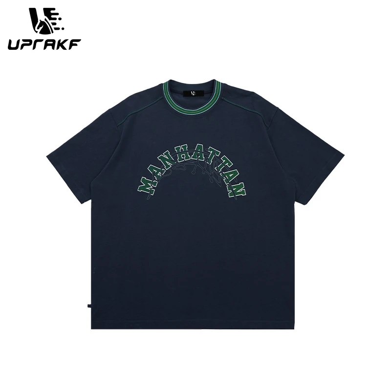 UPRAKF Streetwear Harajuku Style T Shirt Cotton Manhattan Letter Print O Neck Oversize Tees Unisex Y2K Loose Short Sleeve Casual