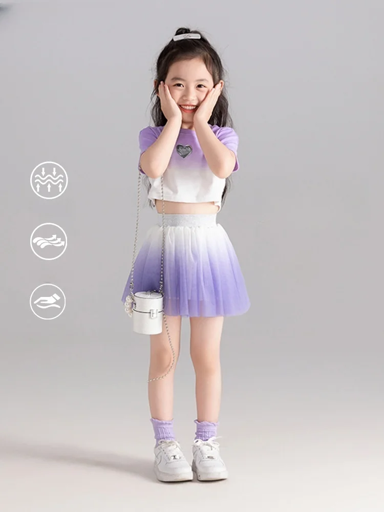 

2024 Summer New Princess Girls' Skirt Summer Dress Mesh Fluffy Skirt Short Sleeve Children's Set Skirt