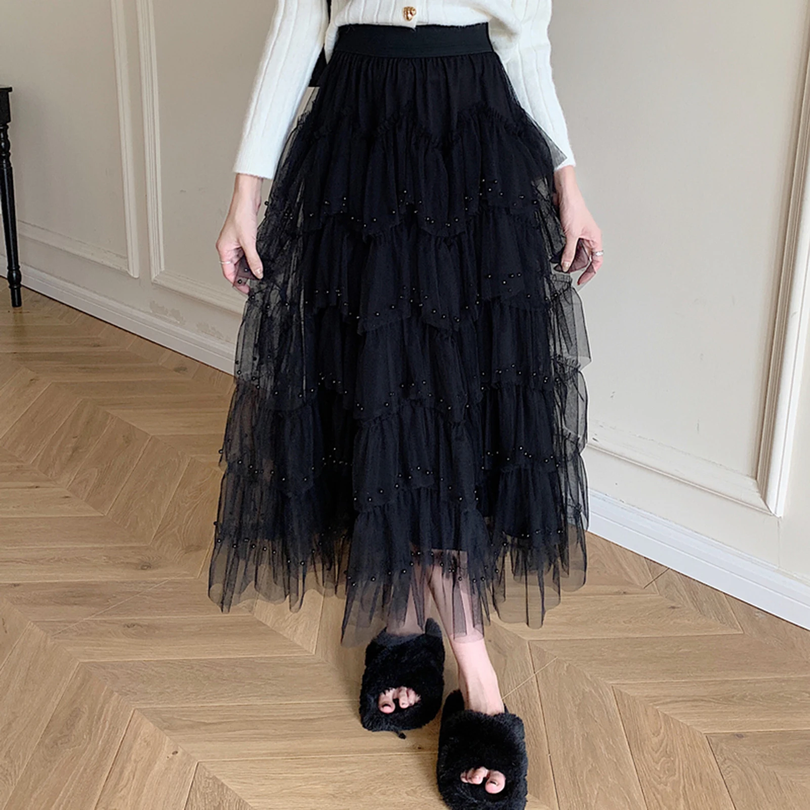 Damen Midi Röcke Perlen elastische Röcke mit hoher Taille Frühling Sommer lose lässige Tüll Tutu Röcke