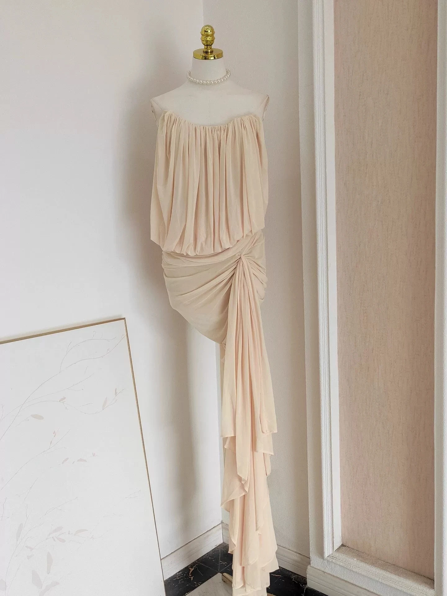 

2025 new niche design French sexy pleated mesh waist slimming slit dress-GZXX148