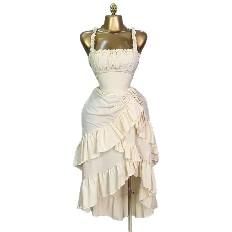 Summer Women's Halter Neck Dress Sweet Fresh Style High Waist Slimming Ruffled Hem Casual Maxi Dress for 2025