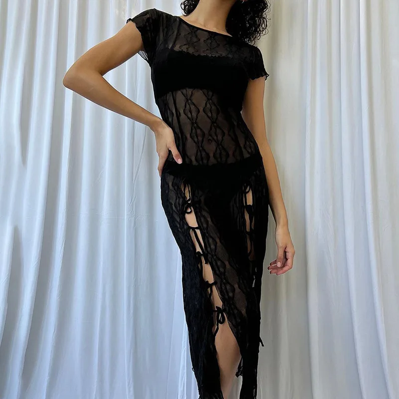 Verão novo puro para mulheres sexy menina quente em torno do pescoço manga curta split tanque vestido longo