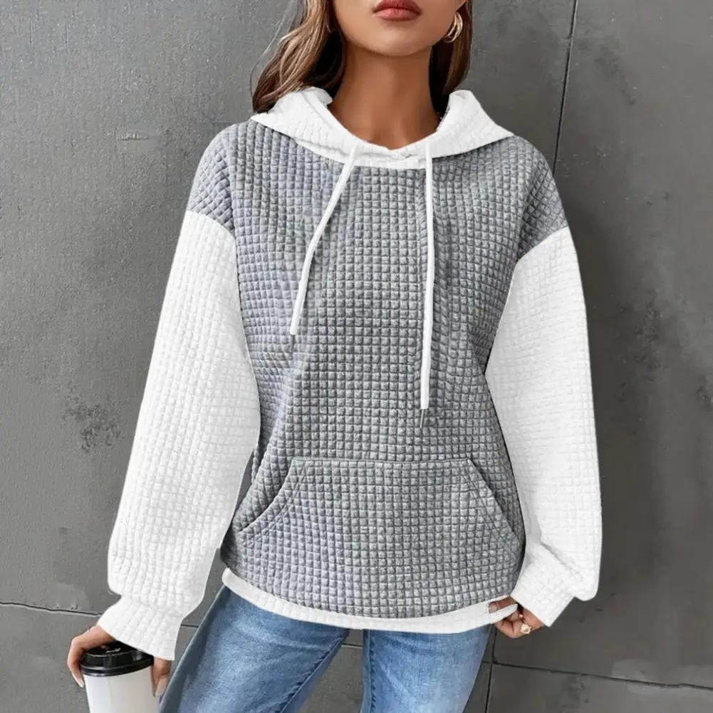 Fall Winter Women Hoodie Drawstring Hooded Waffle Texture Long Sleeveless Big Pocket Loose Pullover Womens Sweatshirt Tops