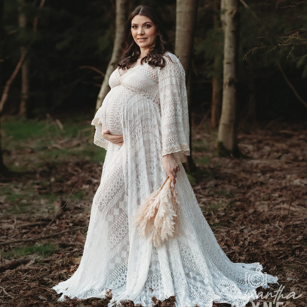 Bohemian Photo Shooting Pregnancy Dress Cotton V-neck Hollow Out Lace Long Sleeved Dress Photoshoot Dress For Pregnant Women