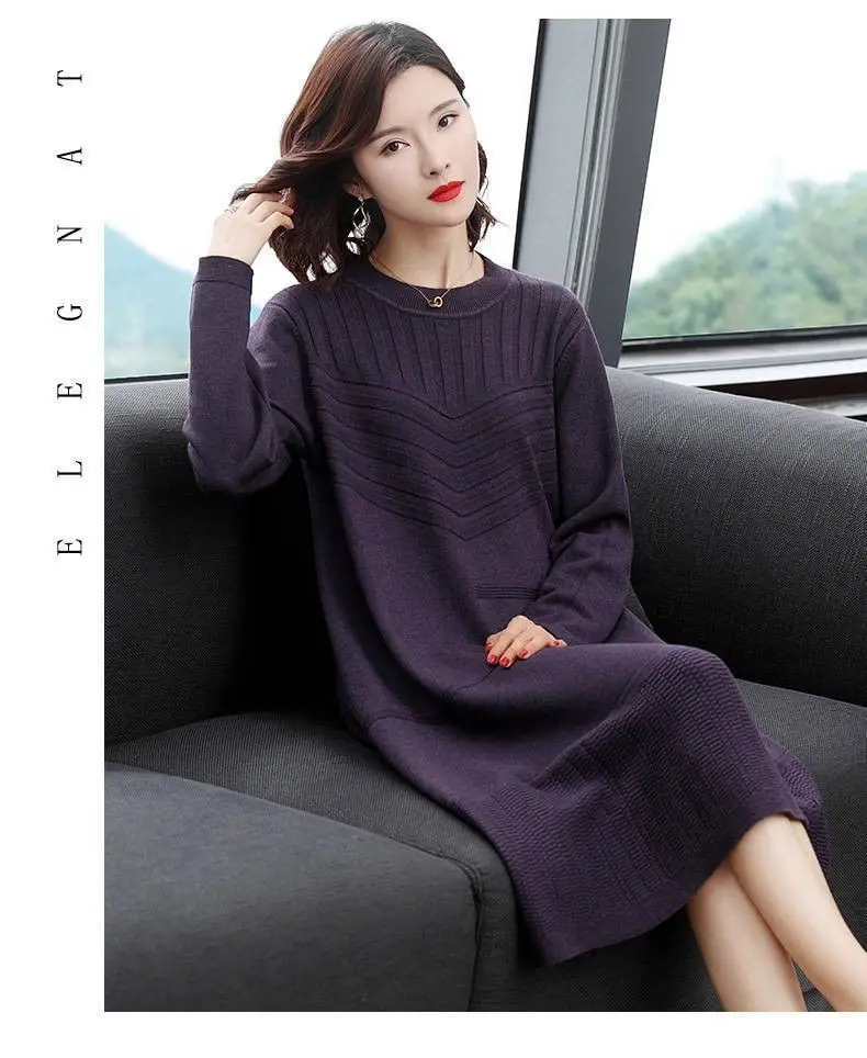 Vestido suéter de malha feminino na altura do joelho 2026 primavera outono novo elegante vestido de camada de base de comprimento médio