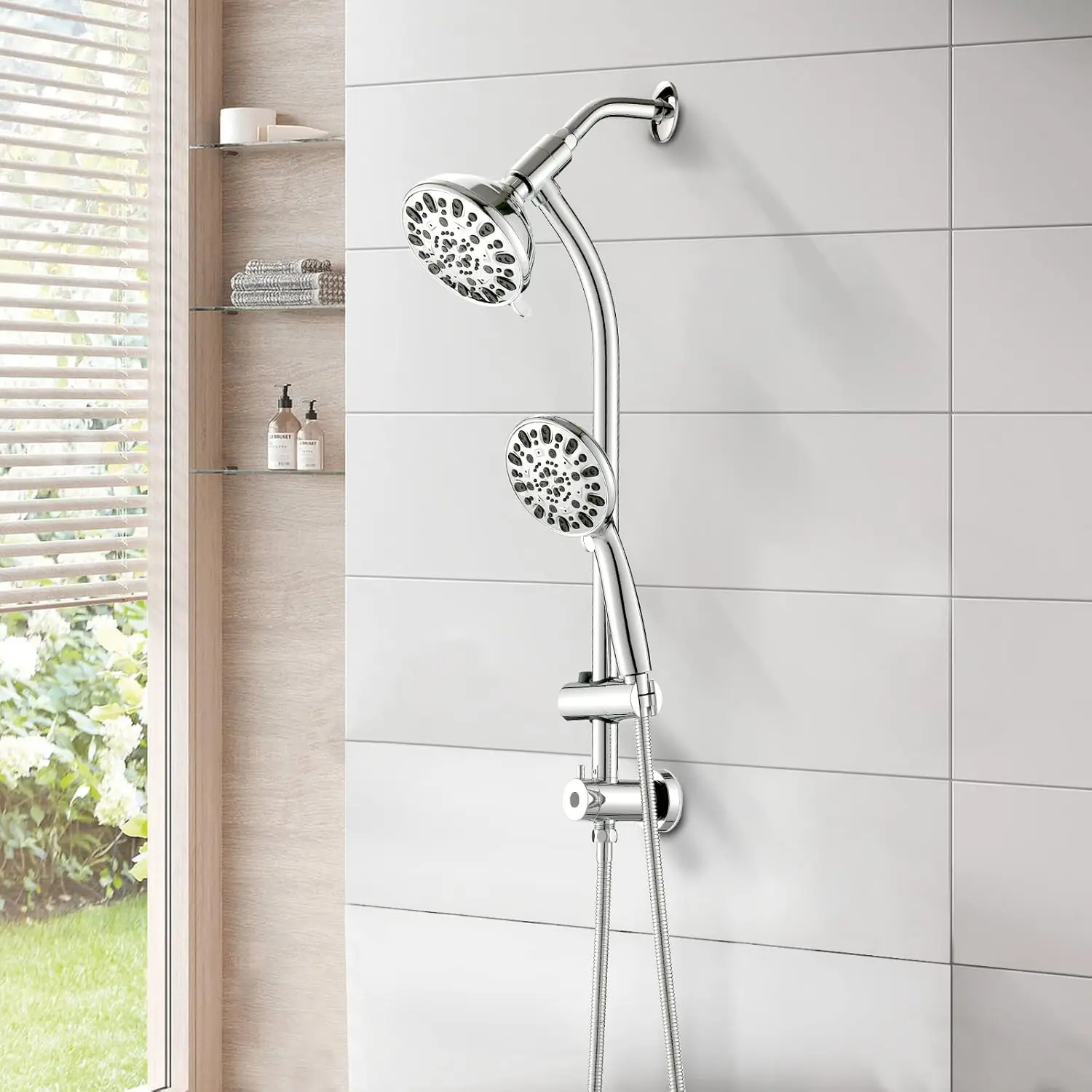 High Pressure 48-Settings Shower Head with Handheld ,Drill-Free 3-Way Diverter for Easy Reach,Adjustable Height Slide