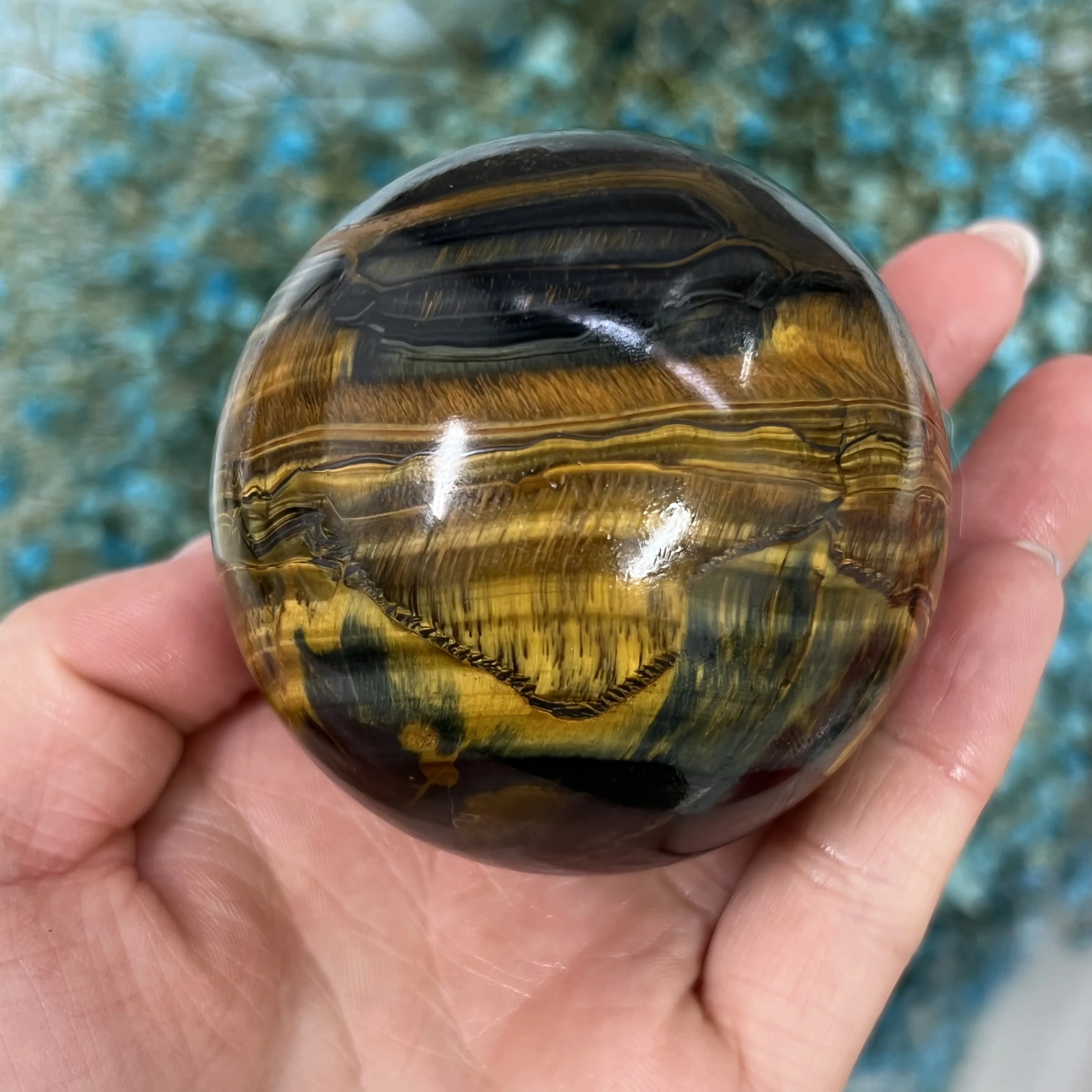 Dark Yellow Blue Rare Tiger Eye Quartz Crystal Healing Sphere Home Decor