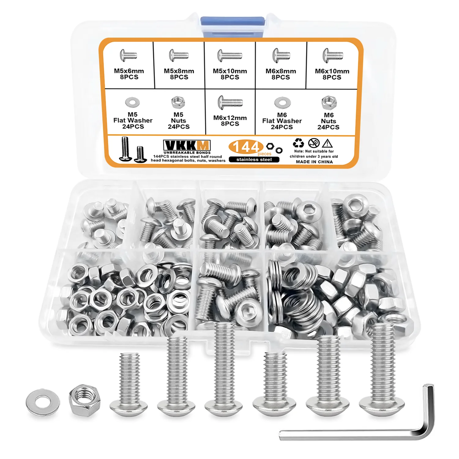 M5/M6 Button-Head Hex Head Screws 144Pcs Hex Head Drive Screws Nut Washer Assembly Kit Stainless Steel 304, Smooth, Full Thread