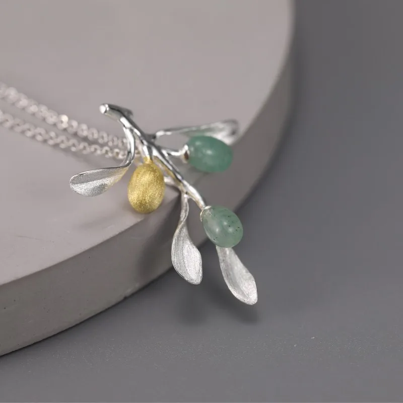 

Lotus Fun Olive Tree Branch Real 925 Sterling Silver Natural Aventurine Pendant Fine Jewelry