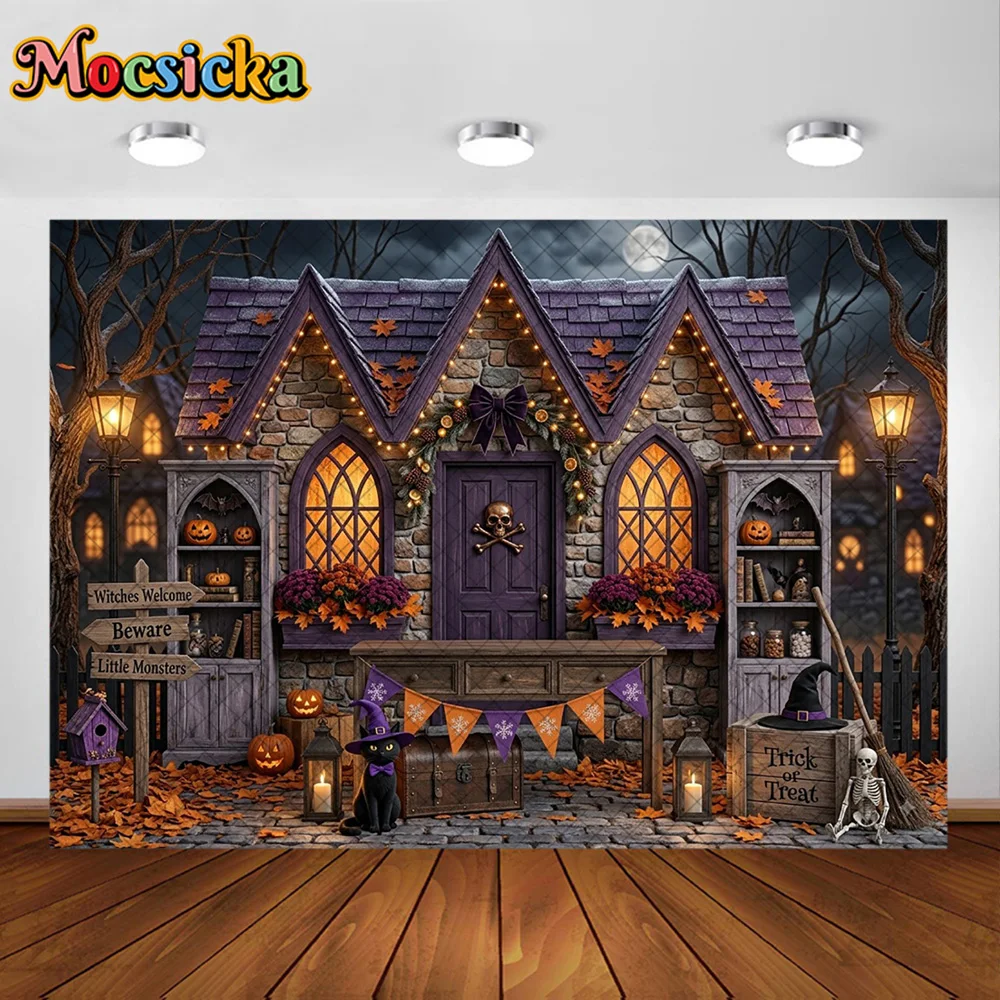Mocsicka Photography Backdrop Halloween Stone Witch House Decoration Trick Or Treat Kids Party Portrait Portrait Studio Prop