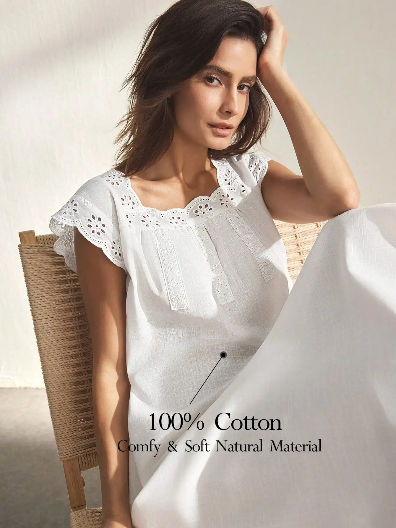 

Женское платье для сна из 100% хлопка с кружевной отделкой и рукавами-крылышками с рюшами