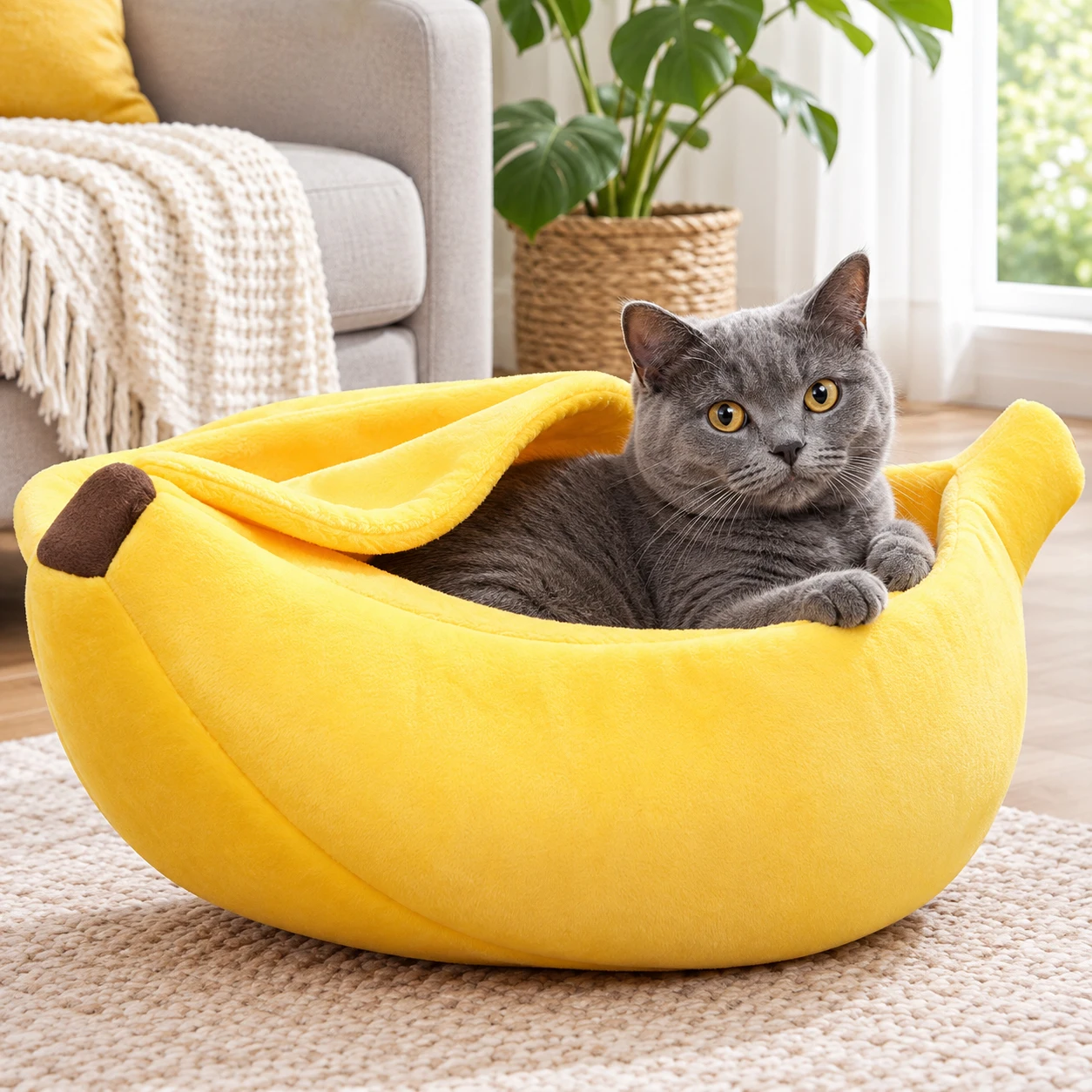 Banana Cat Bed Cozy Plush Banana Shaped Pet Cave Bed Soft Warm Sleeping Nest Cute Indoor Cat Puppy Lounger Pet Furniture