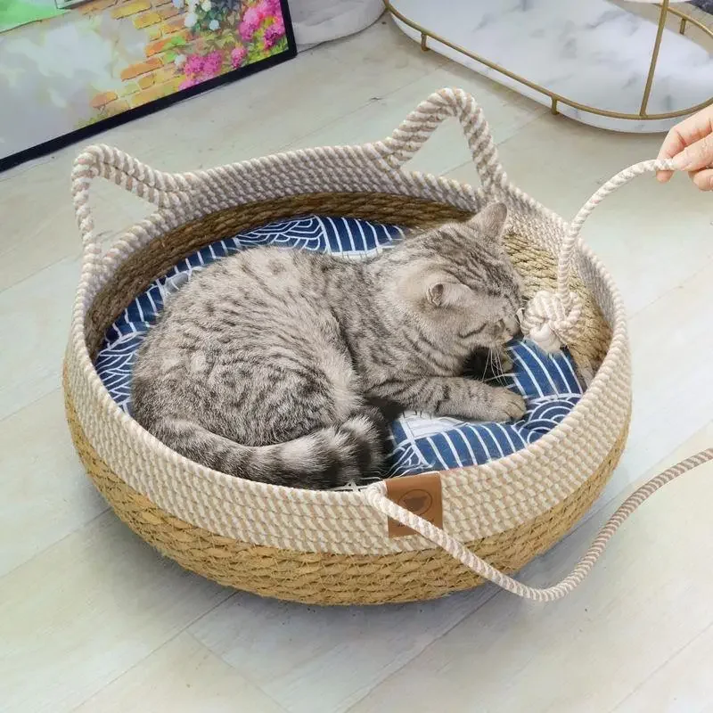 Woven Four Seasons Cat Bed Removable Upholstery Sleeping House Cat Scratch Floor Rattan Wear-resistant Washable Cat Pet Supplies