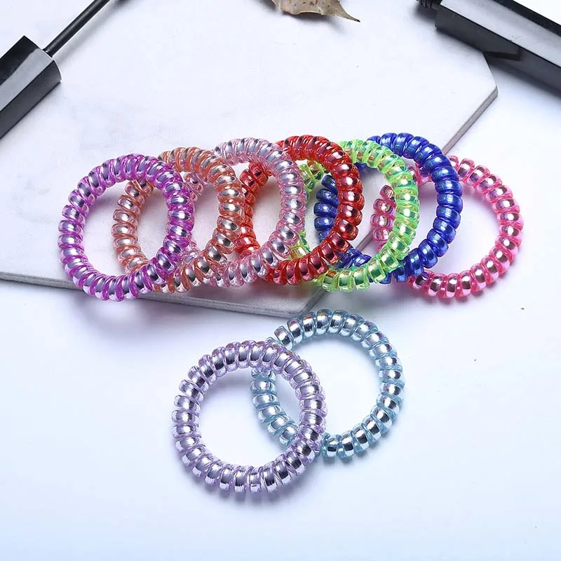 New Candy Color Telephone Cord Elastic Hair Rope Bright Silver Spiral Rope Rubber Band Girl Hair Band Elastic Headband