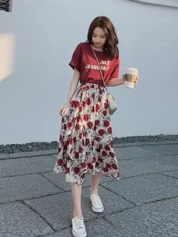 

Floral Print plus Size Dress Set Summer New Fashion Elegant High-End Feeling Meat Covering Two-Piece Set Sister Fat Little Si...