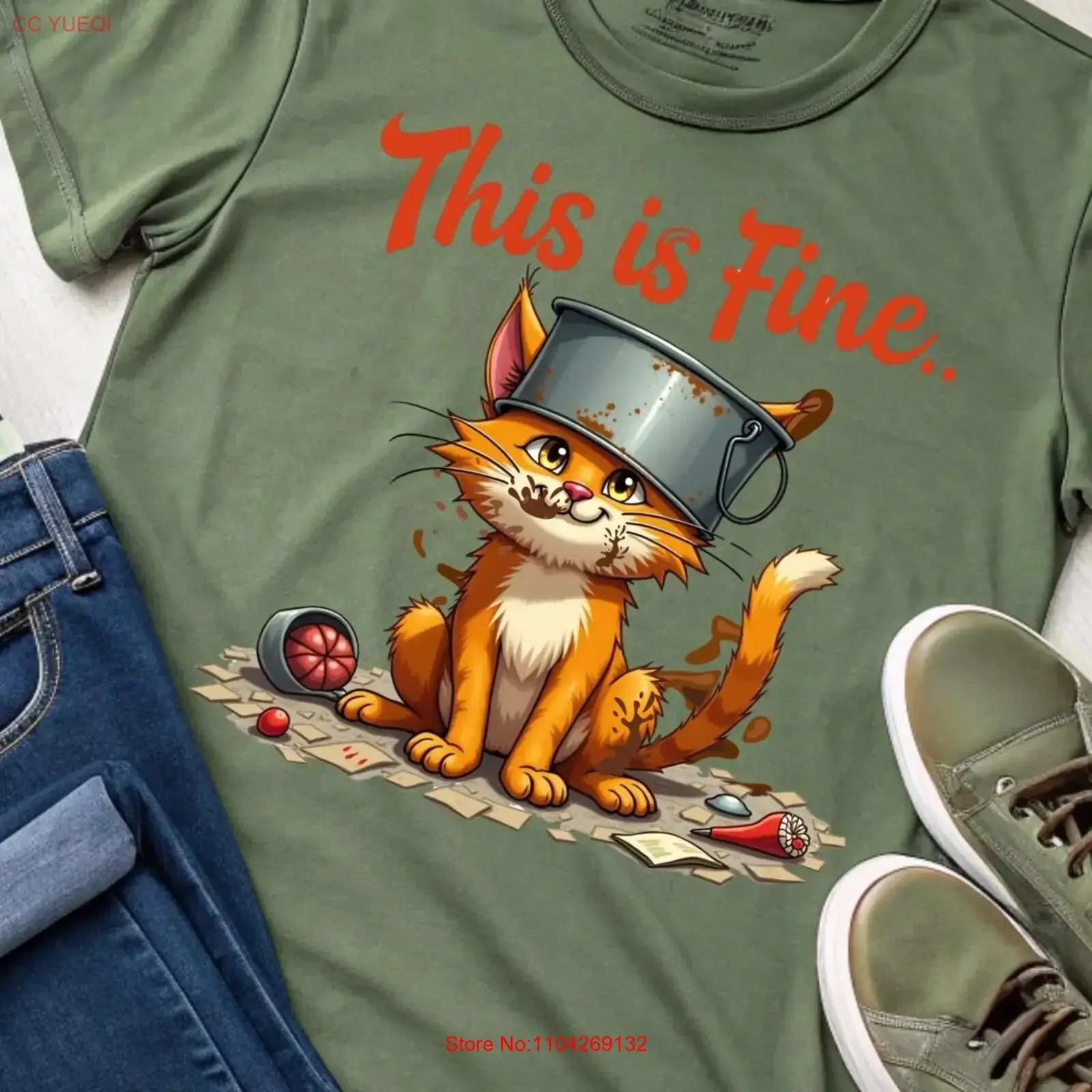 This is Fine T Shirt Funny Cat with Chaotic Scene Humor for Lovers Sarcastic Comfort Wear Soft Cotton vintage Washed Versatile