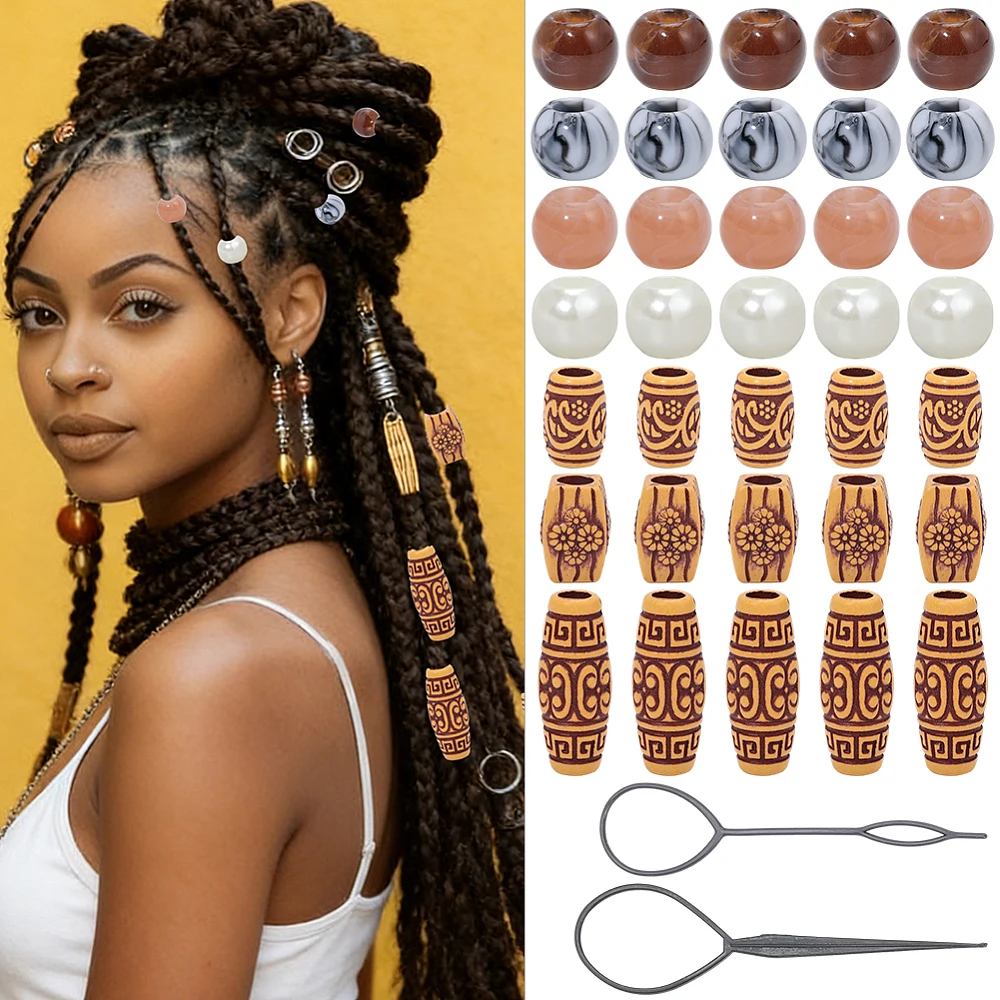 90PCS Acrylic Wood Hair Beads Kit with Braiding Tool Large Hole Wooden Assorted Round Plastic Loc Dreadlock Spacer Loose Bead