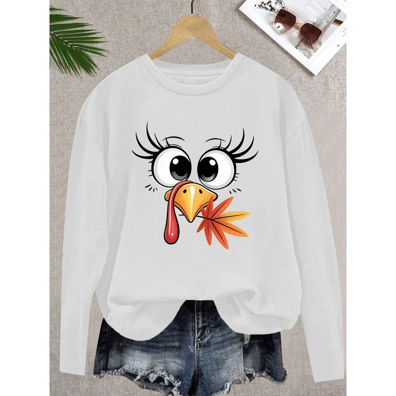 Cartoon Big-Eyed Turkey Maple Leaf Autumn Pattern Print,Women's casual tops for autumn and winter