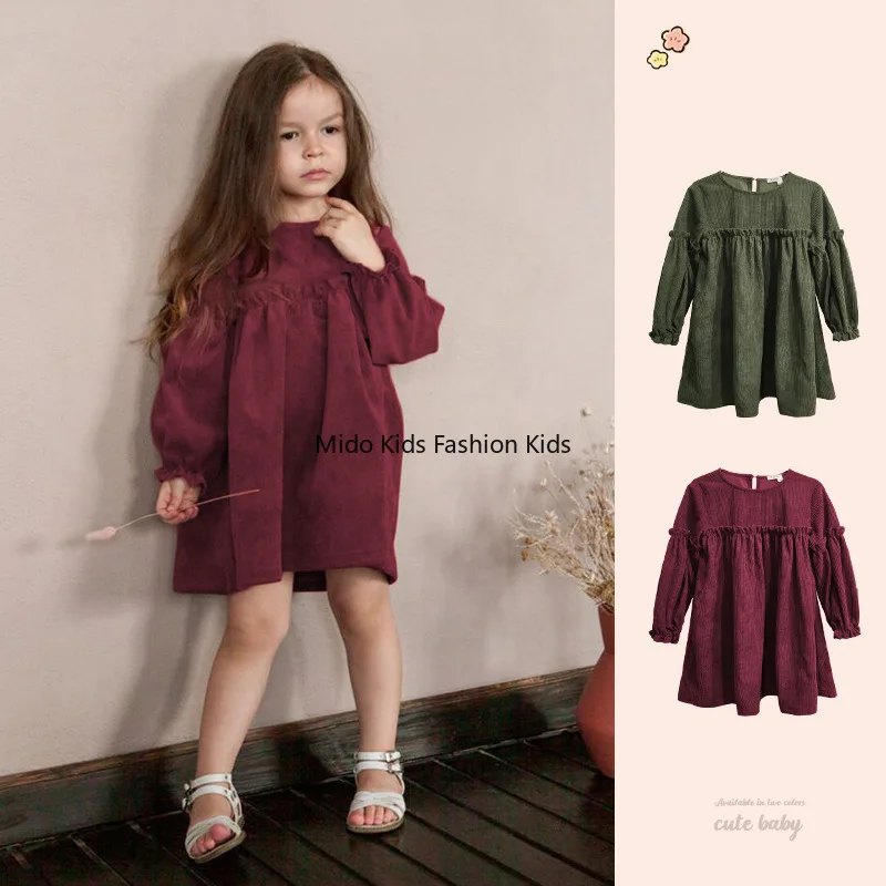 

Children's Wear Autumn/Winter Arrival: Corduroy Long-Sleeved Girls' Dress with Round Neck and Lace Sleeves - Adorable One-Piece