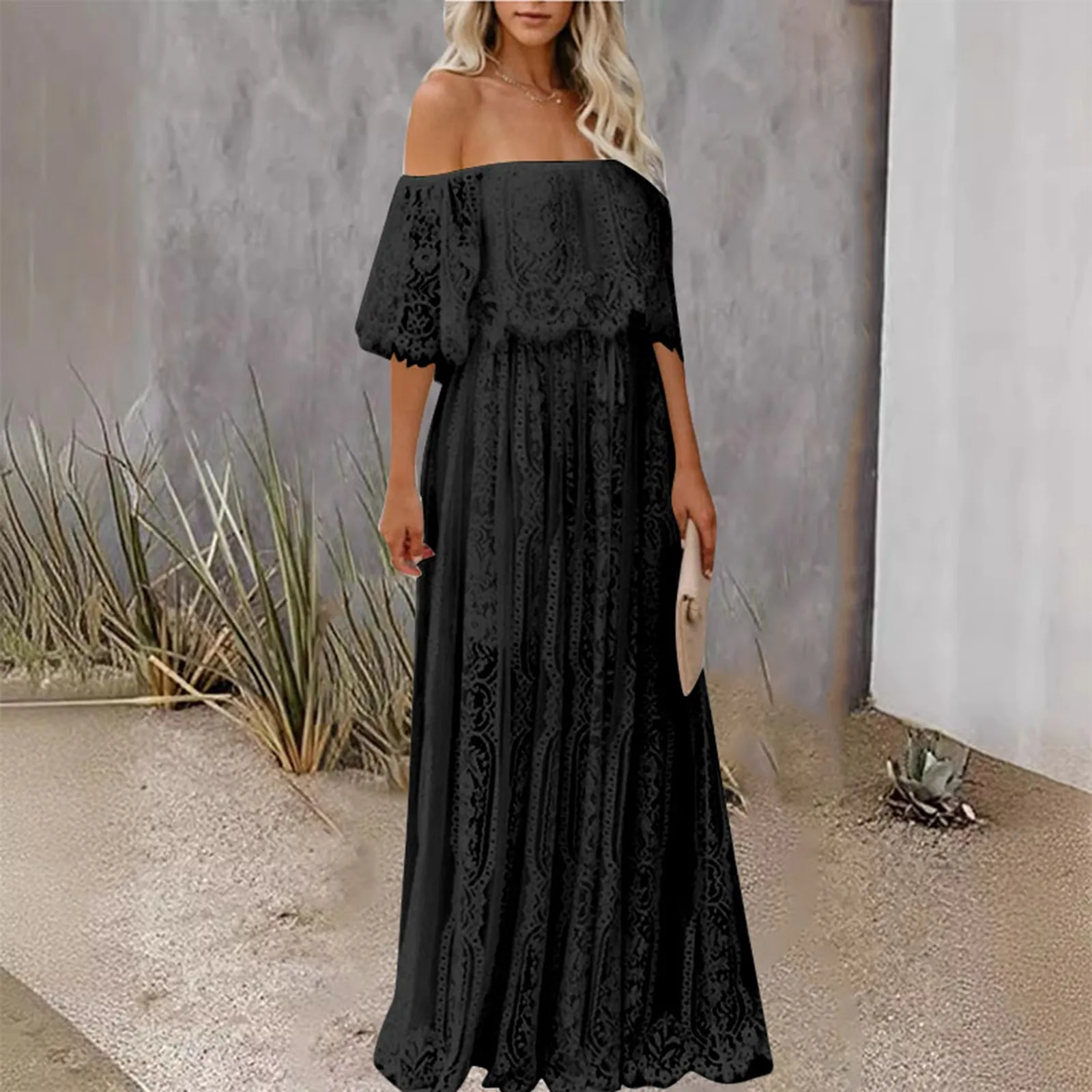 Boho Embroidery Maxi Dress 2024 New Lace Dress Slash Neck Ruffled Elegant White Boho Robes Strapless Off The Shoulder Sexy Dress