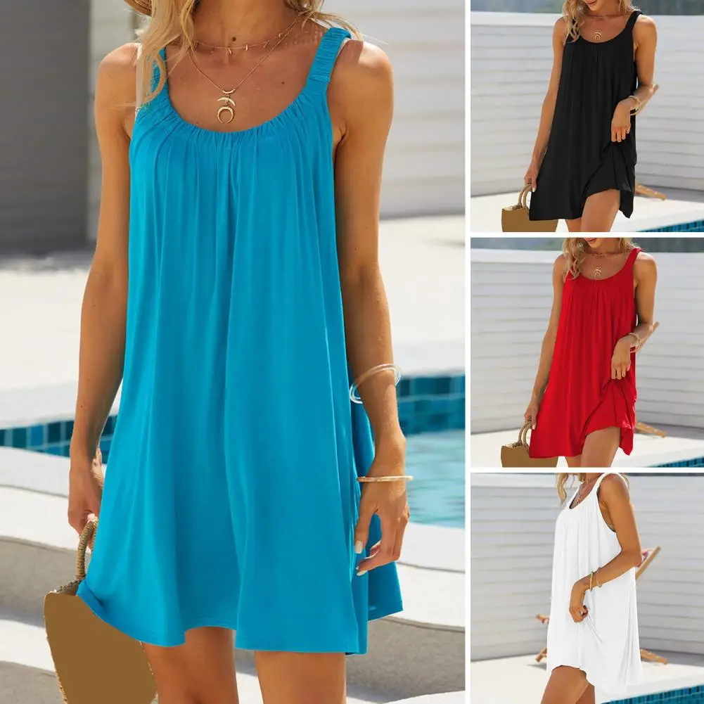 Trendy Women Beach Mini Dress Breathable Beach Dress Solid Color Summer Holiday Beach Mini Dress Dress-up