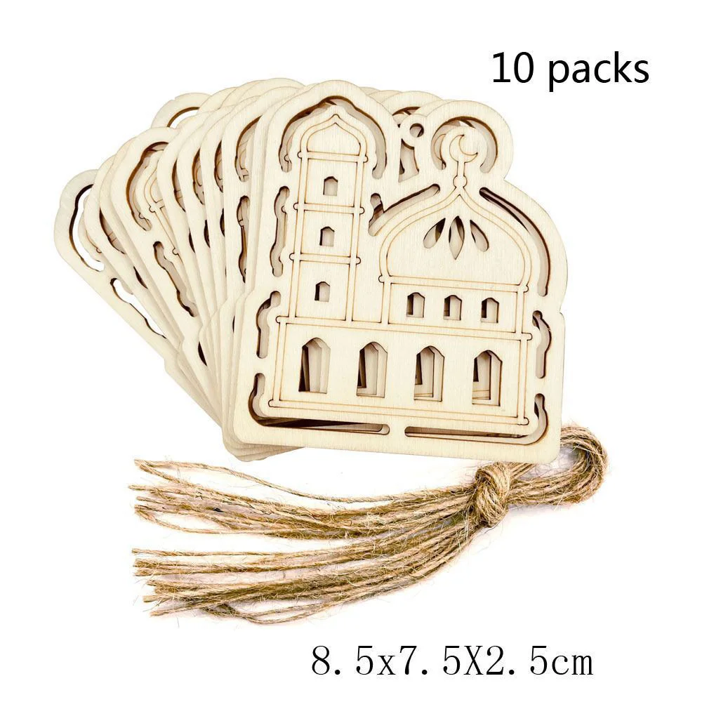 10pcs Hollow Out Eid Mubarak Wooden Hanging Ornament Pendant Ramadan Kareem Decorations Islamic Muslim Festival Party Supplies