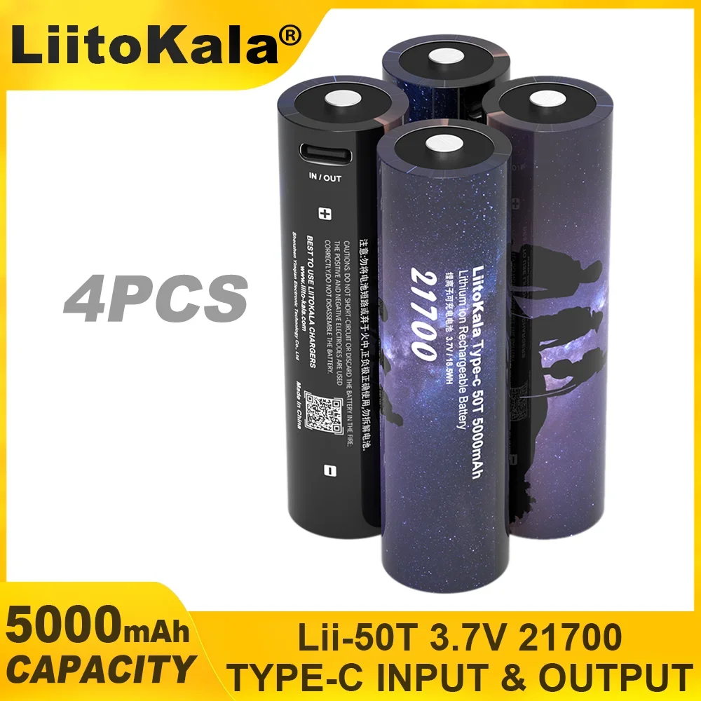 

4PCS 100% Original Liitokala Type-c 50T 21700 Multi-function Lithium Battery 3.7V 5000mAh Type-c input And Output 5V Output.