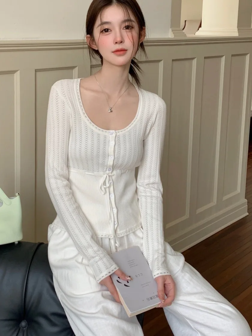 

Faionable U-Ne трикотаж на пуговицах, женский шикарный галстук-бабочка, круглый открытый кардиган, топ с поясом и поясом на талии