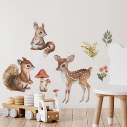 Boho Cartoon Safari Animals Squirrel Deer Mushroom Wall Stickers for Kids Room Decor Nordic Style Wall Decals Squirrel Wallpaper