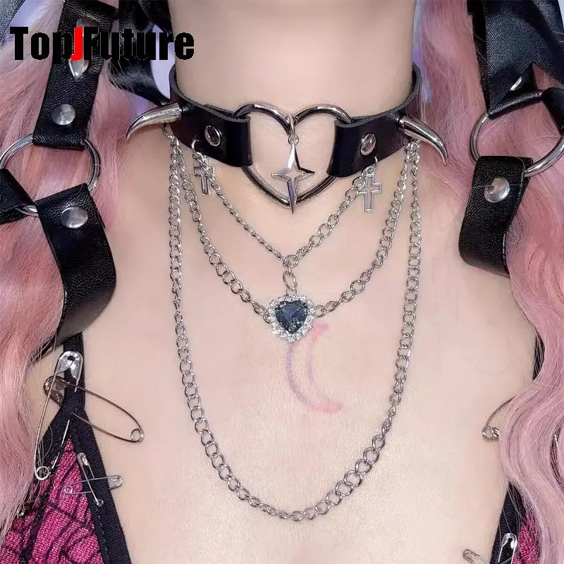 Women Men Harajuku Gothic Lolita Cosplay Punk 4 layers necklace Y2K Girl Collar bloody choker Love Water Diamond Rivet chokers