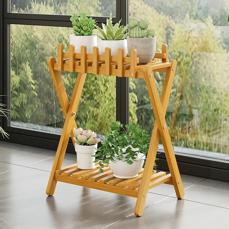 Bamboo Plant Stand 2-Tier Flower Pot Holder Indoor Outdoor Garden Shelf Multifunctional Display Rack for Plants Home Decor