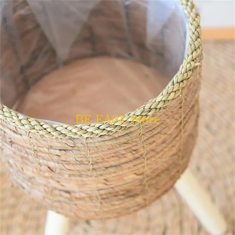 E28F Rattan Indoor Plant Stand Straw Woven Flowers Pots Holder Stool With Legs Floor