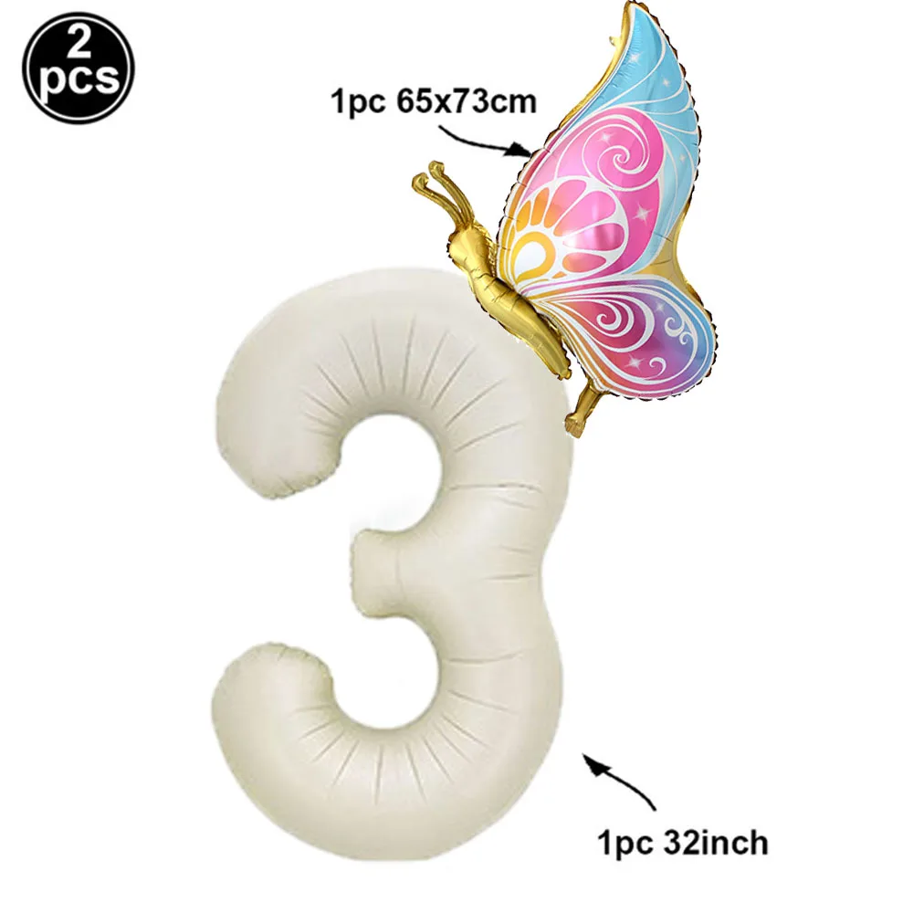 2Pcs Butterfly Birthday Foil Balloons Set Cream Caramel Number Balloons 32inch for Baby Shower Birthday Party Wedding Decortion