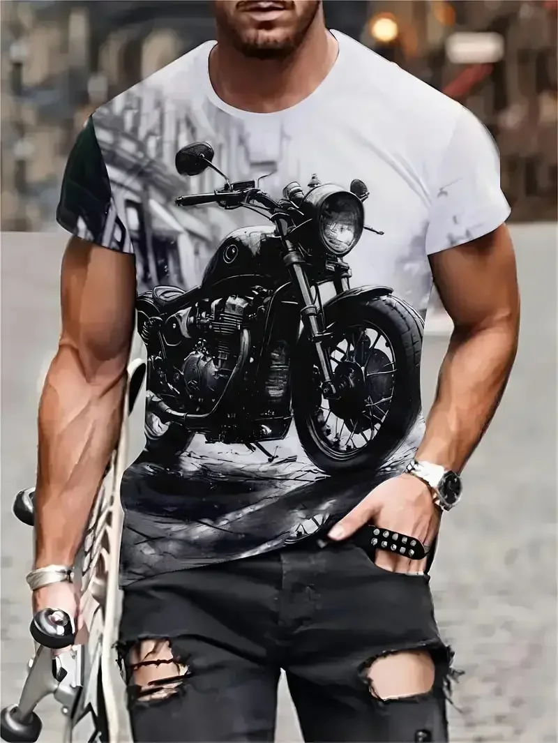 

2025 New Motorcycle Graphic T-shirt Fashion Men's Vintage 3D Print Short Sleeve Crew Neck Tee Top Oversized Street Trend T shirt