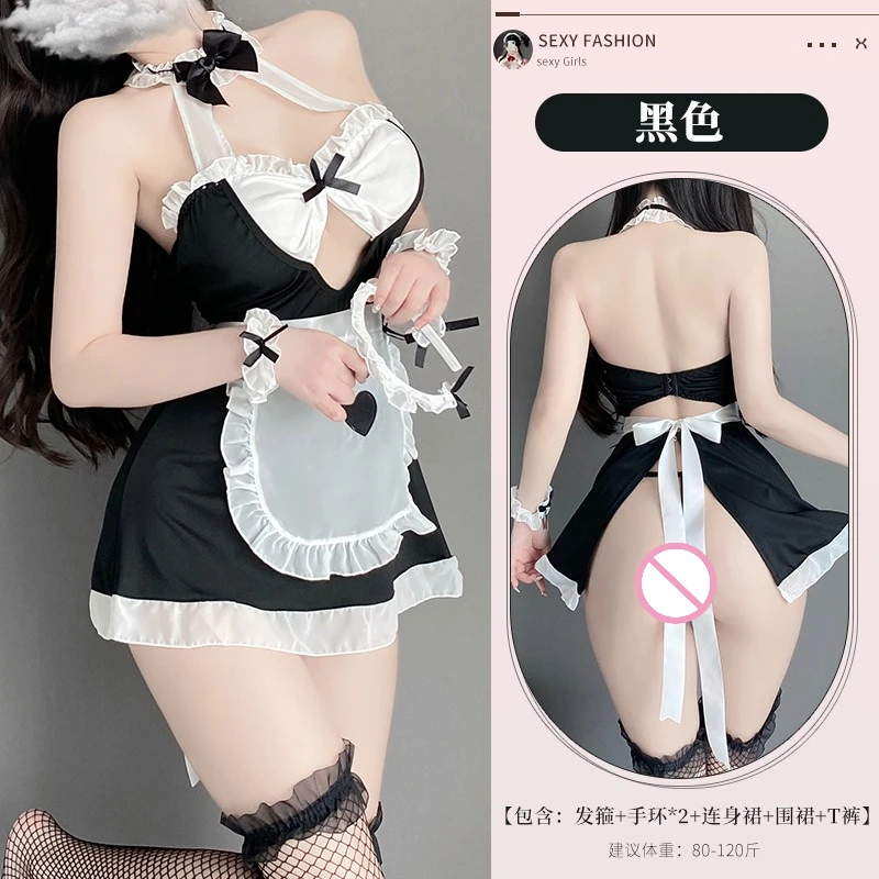 

Plus Size Sexy Lolita Maid Uniform Outfits Women Erotic Hollow Out Lingerie Japanese Bow Sweet Maid Dress Club Cosplay Costume